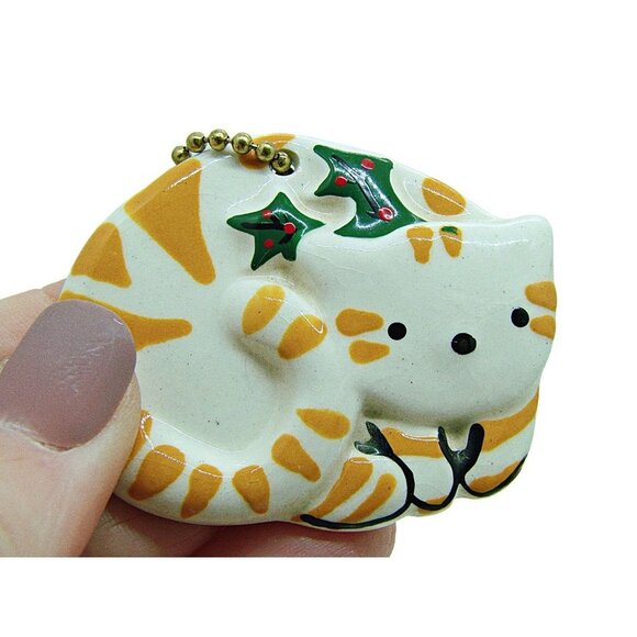 Ceramic Tabby Cat Hanging Christmas Ornament/Keychain Yellow White Green Decor - Picture 7 of 9